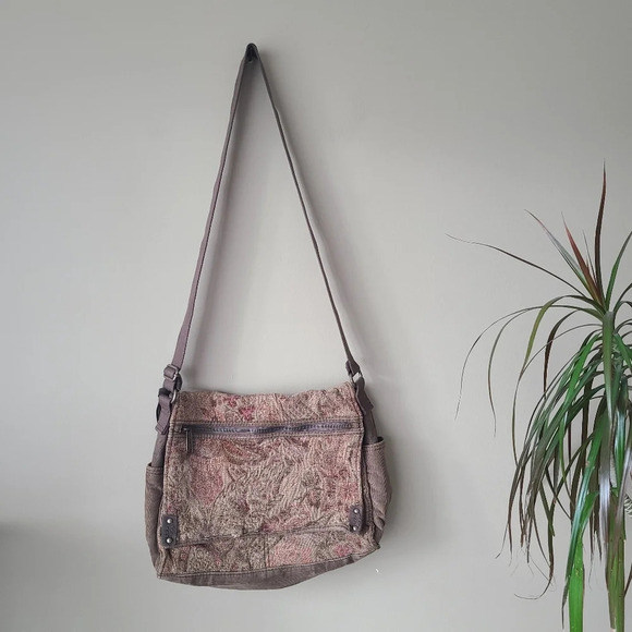 Vintage Fossil crossbody Sachets bag floral fabric with Corduroy trim 13×10×3 in - Picture 1 of 12